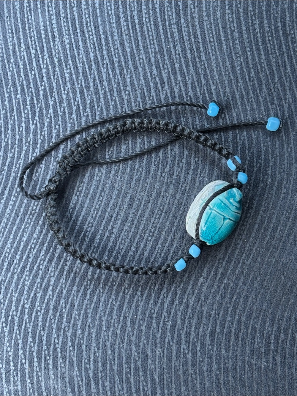 Teal Faience Scarab Stone Enamel Bead Bracelet and/or Anklet on Black Cord